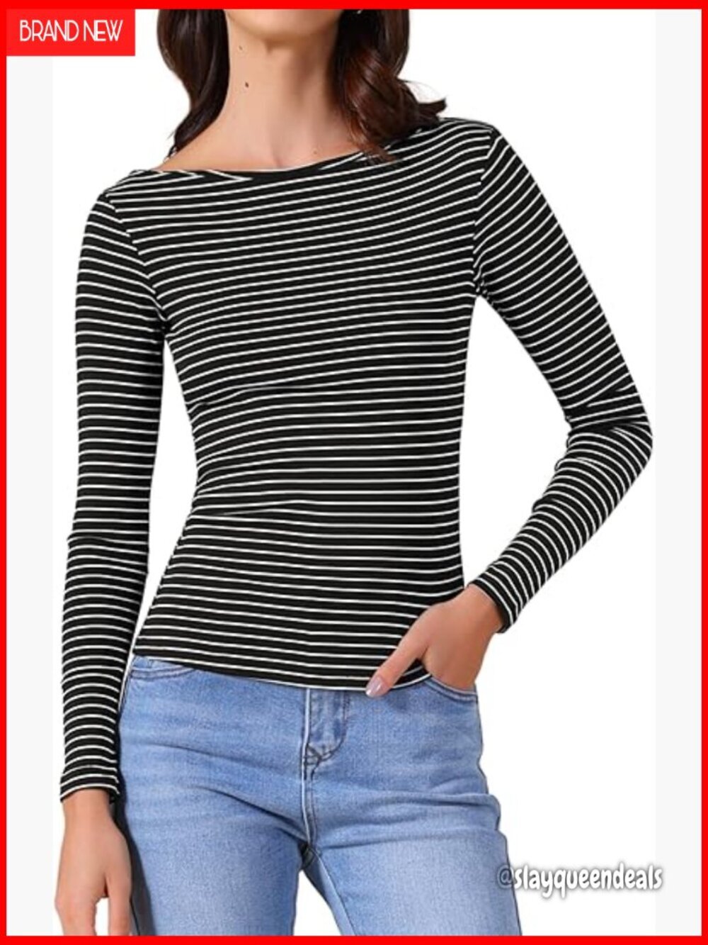 Striped Long Sleeve T-Shirt Slim Fit Boat Neck Casual Top Stretchy